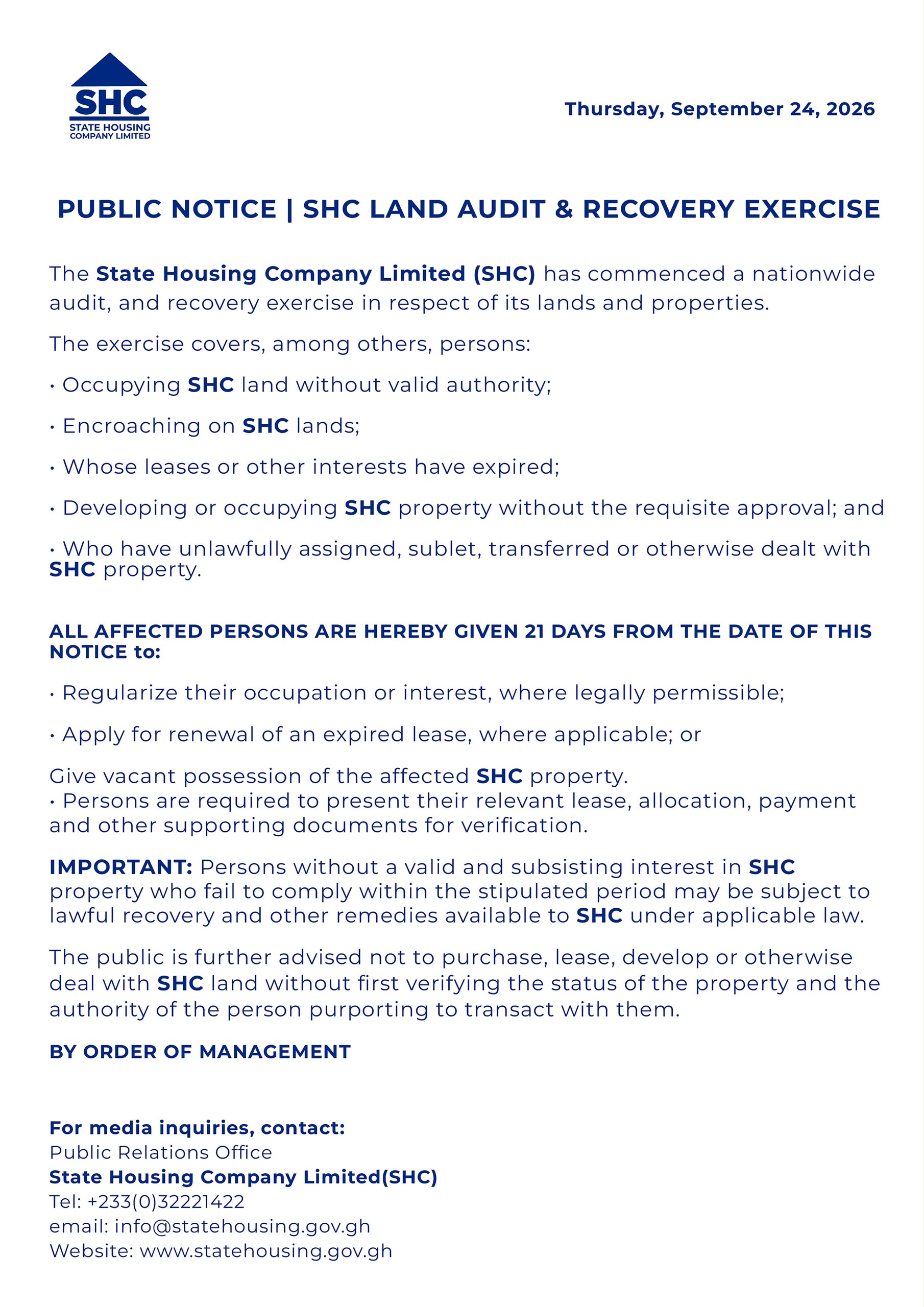 Public Notice | SHC Land Audit & Recovery Exercise